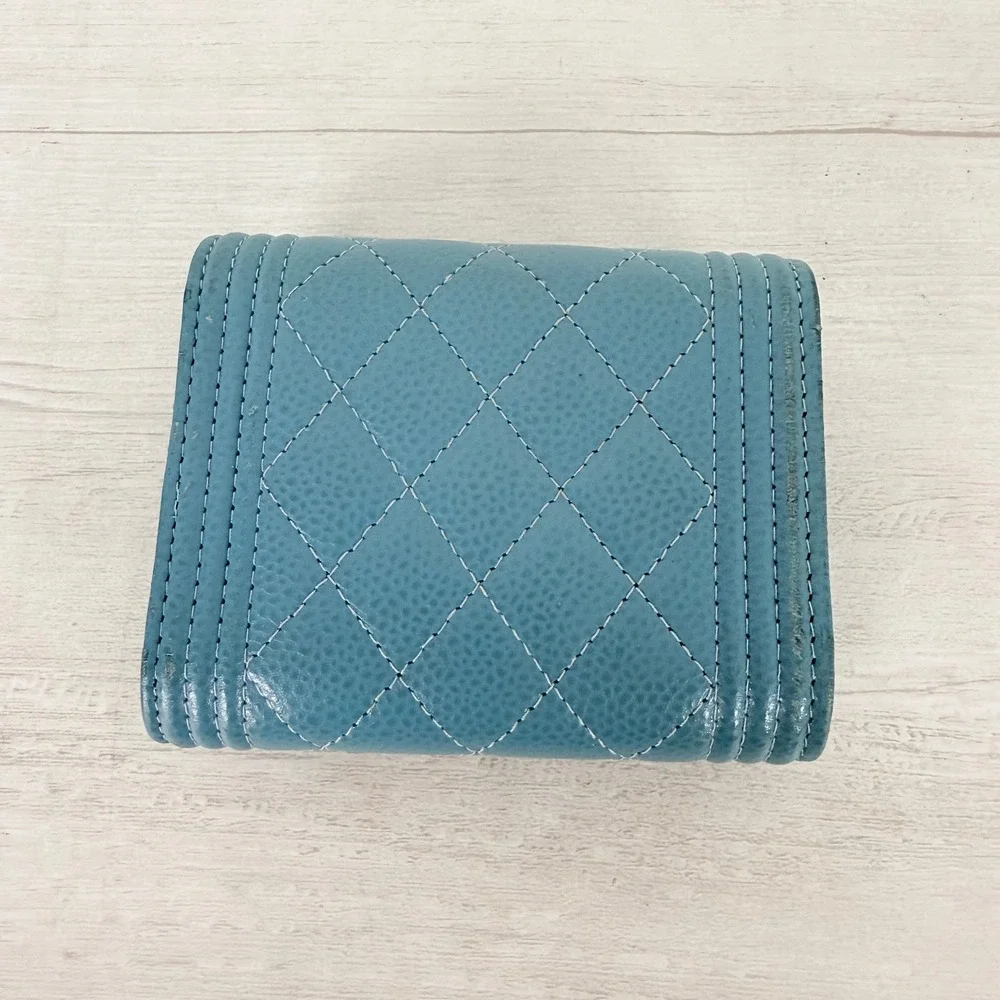 Chanel Boy Flap Wallet Light Blue Caviar Leather Gold Hardware Quilted Authentic